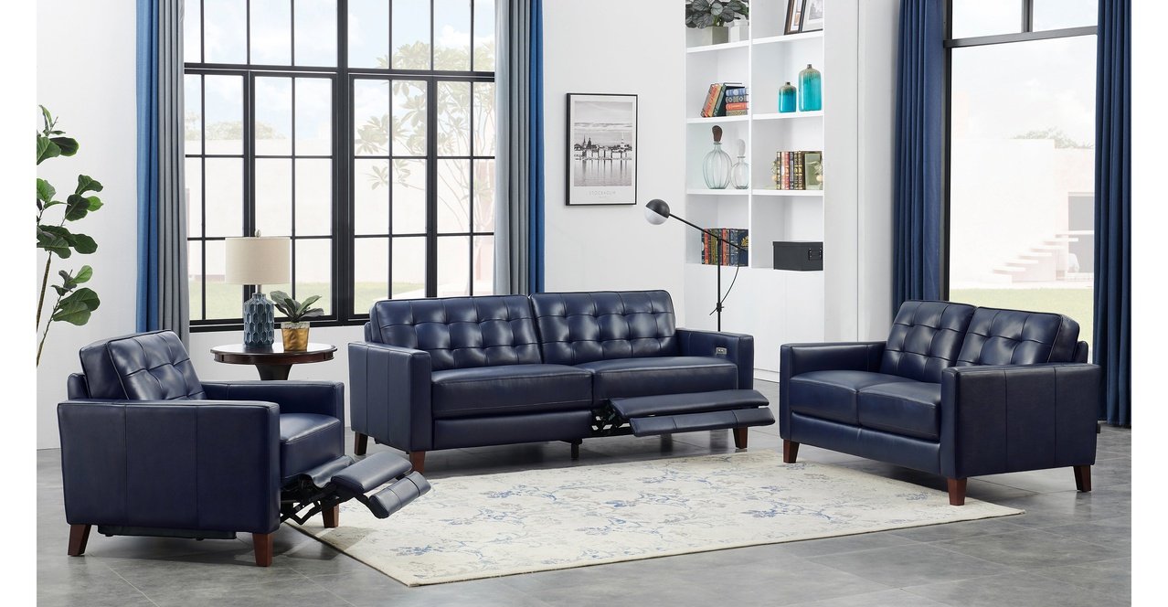 Aiden Power Leather Sofa Collection, Navy